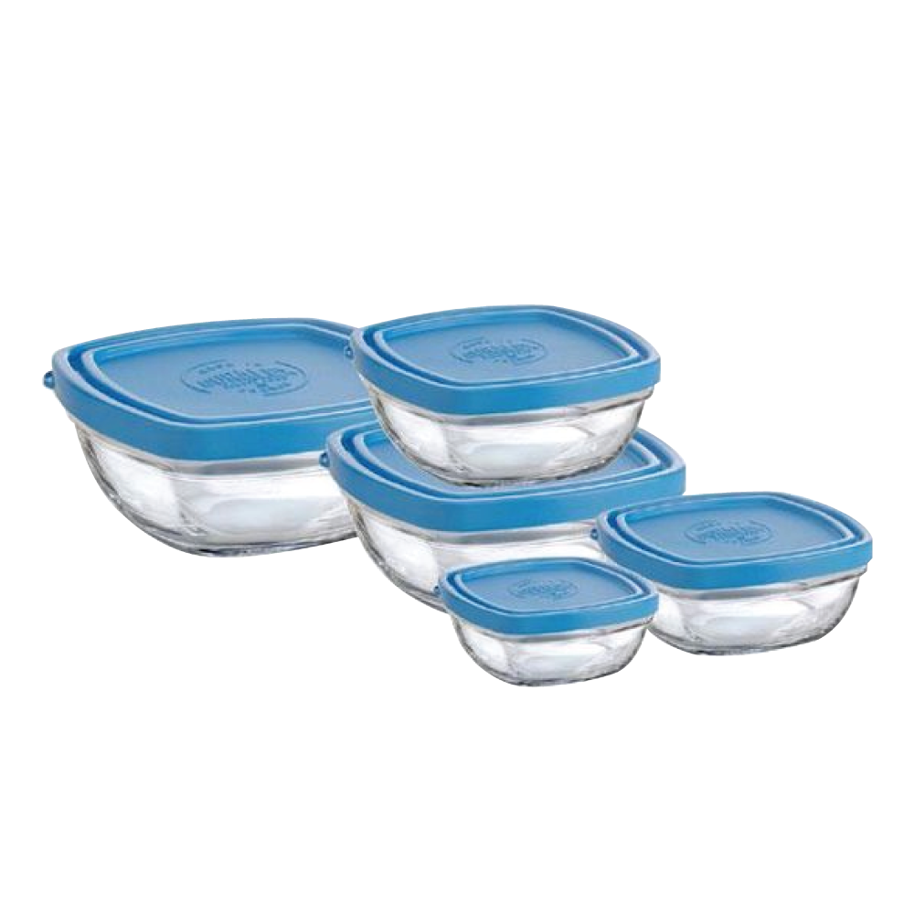 Freshbox Transparent Service Carre avec Couvercle Bleu Clear Square 5 pcs Set + Blue Lid