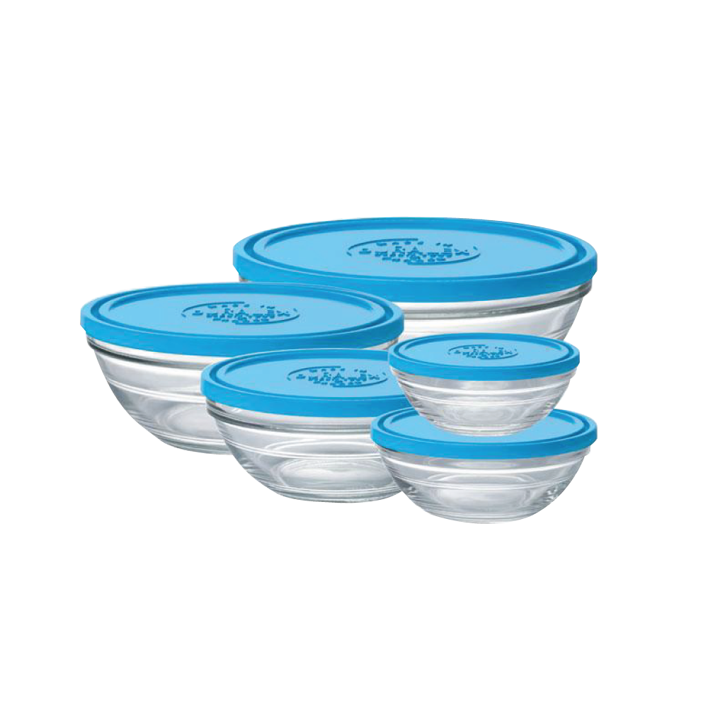 Freshbox Transparent Service Rond 5 pcs - Couvercle bleuFreshbox Clear 5 pcs Round Set + Blue Lid